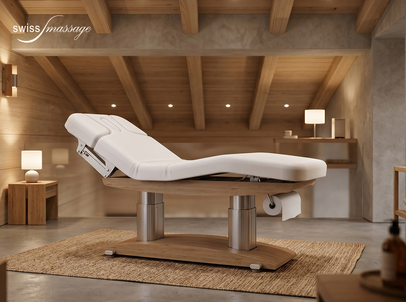 Table de massage Suisse modèle Excellence chêne clair, installée aux bains thermaux de Charmey